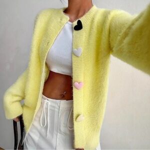 New Yellow Fuzzy Cardigan with Heart Buttons